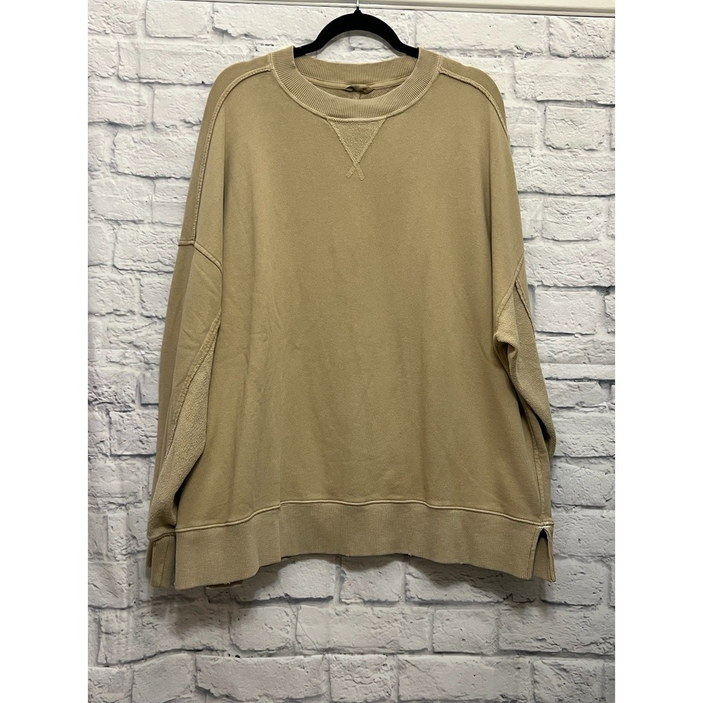 Aerie Big Chill Crew Sweatshirt Women's Large Tan Khaki Fleece Oversized Comfy - Picture 2 of 8
